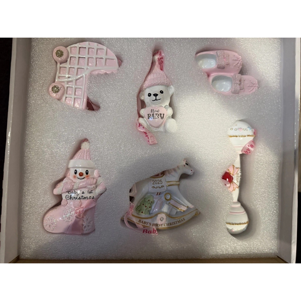 BABY’S FIRST CHRISTMAS ORNAMENTS 2025. Porcelain Keepsake Set Of 6